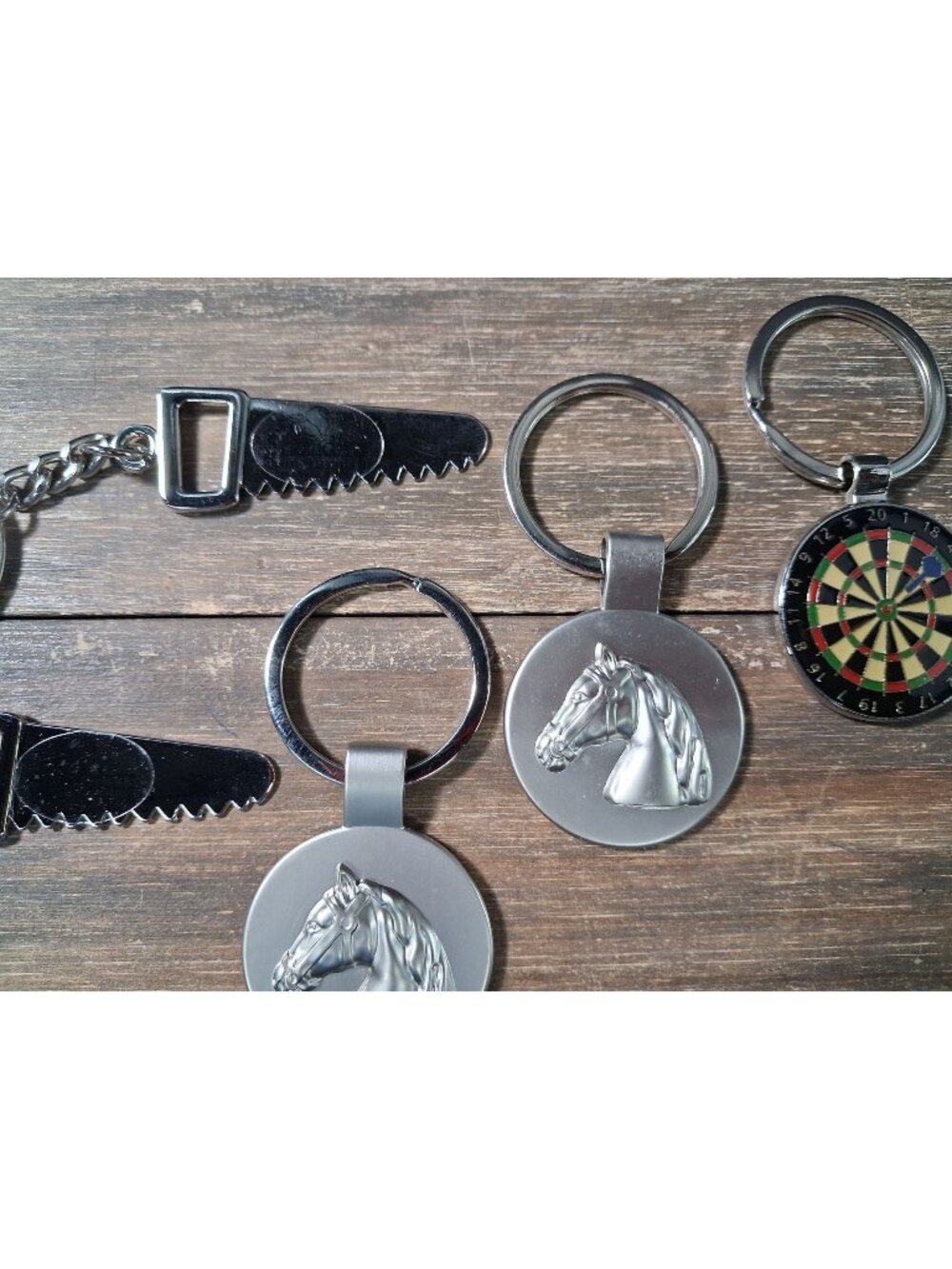 Sheridan Non Tarnish Keychain Lot Horse Head Saw Bullseye Silver Tone Bag Charm
